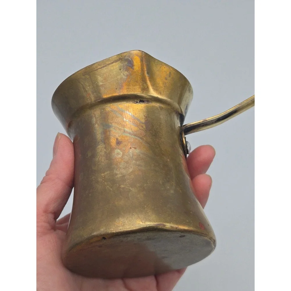 Vintage Brass Turkish Coffee Pot Ibrik Tin-Lined Brass Handle Deep Patina Rustic